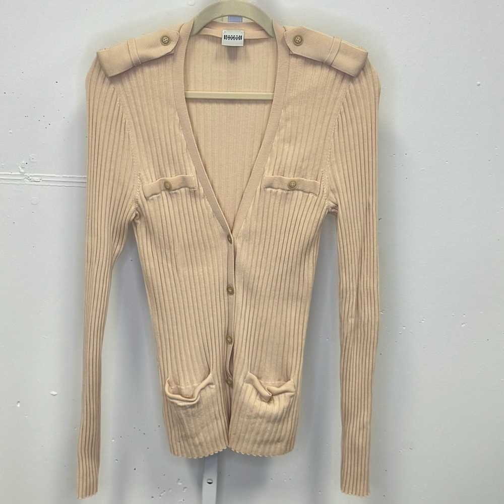 Wolford Wool Blend Contemporary Ribbed Knit Button Down Catdigan Top Small Beige